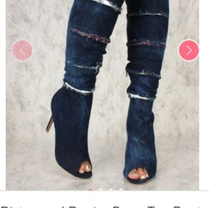 Peep toe distressed denim boots